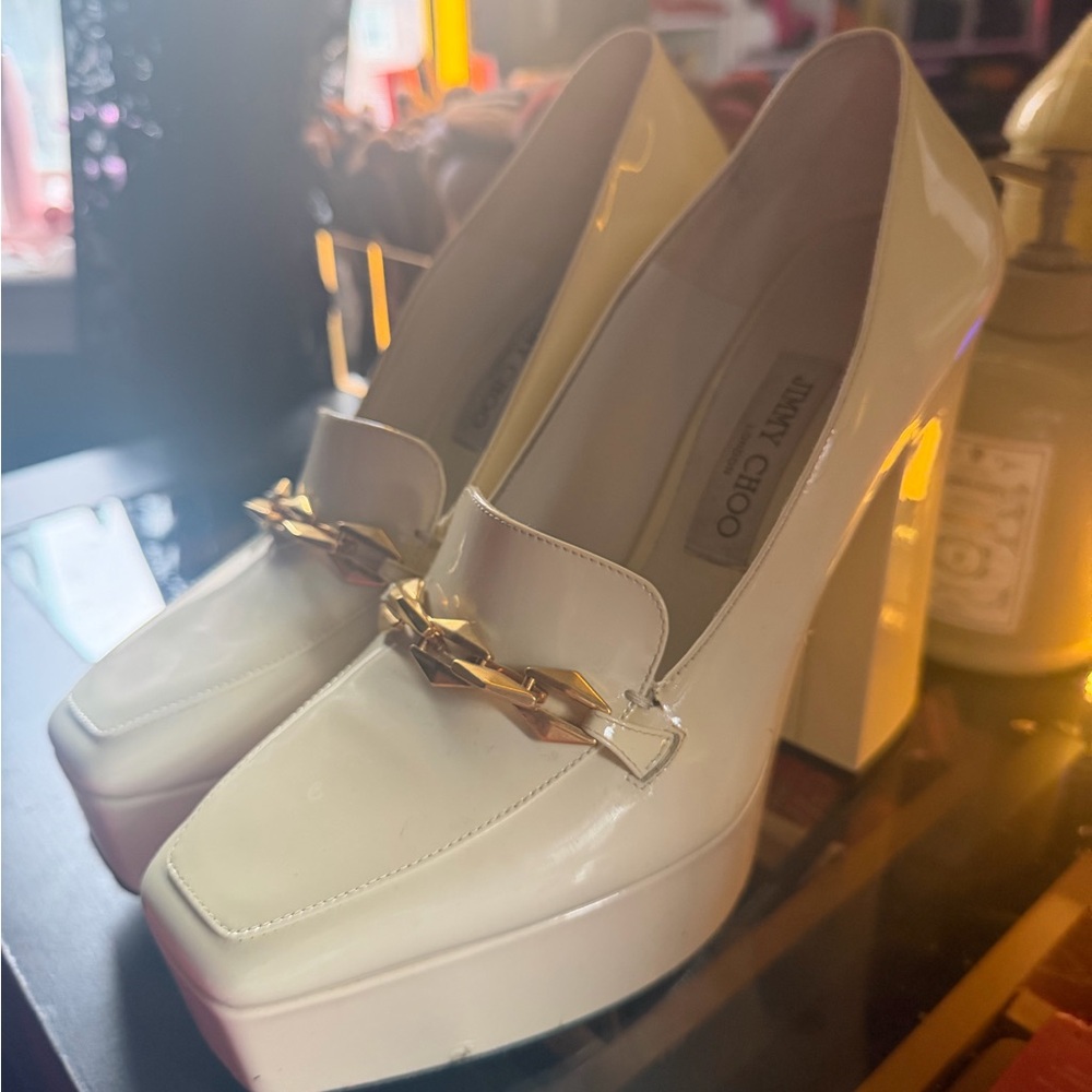 Jimmy Choo Ivory Platform Loafers with Gold Accent